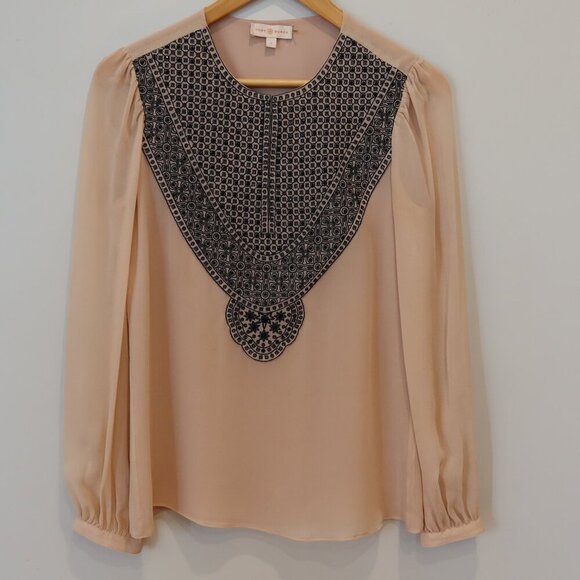 TORY BURCH 100% silk blouse top pink embellished long sleeve beaded 2 event glam - Picture 1 of 13